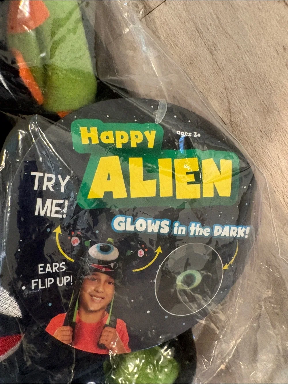 Happy Alien Glow in the Dark Hat Flip Up YES NO Ears Kids Novelty Plush Cap